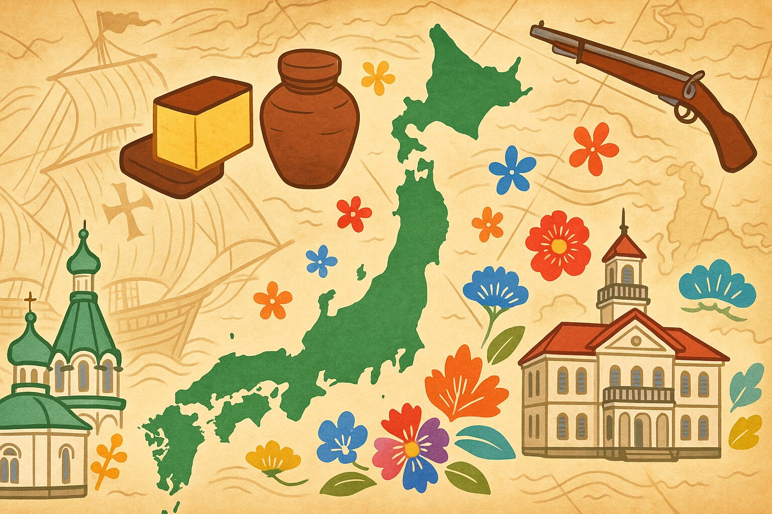 日本列島のシルエットを中心に、長崎のカステラ、沖縄の泡盛甕、薩摩の鉄砲、北海道のハリストス正教会、明治期の擬洋風校舎などが描かれたイラスト