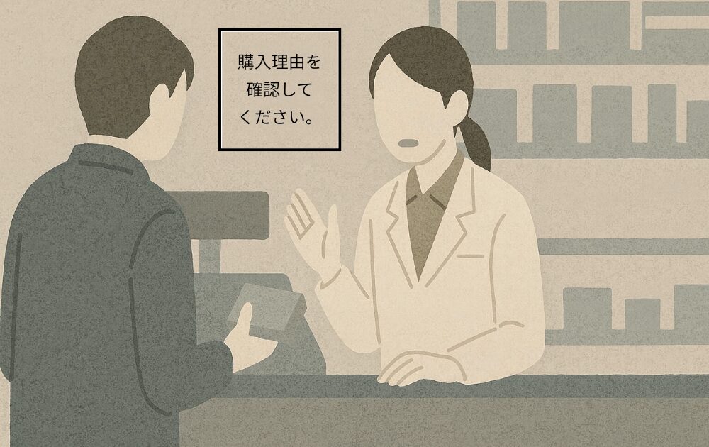 薬局のカウンターで、薬剤師が購入者に対応している様子と「購入理由を確認してください」という掲示