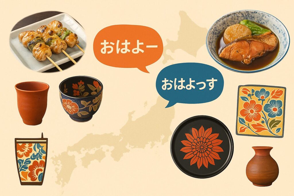 日本地図を背景に、郷土料理の焼き鳥と煮魚、方言の吹き出し「おはよー」「おはよっす」、伝統工芸品の陶器や漆器、紅型模様が配置されたコラージュ風イラスト。