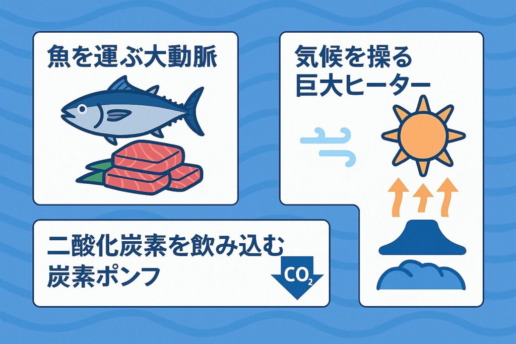 黒潮が日本列島にもたらす三つの役割を示すインフォグラフィック。魚を運ぶ大動脈、気候を操る巨大ヒーター、二酸化炭素を飲み込む炭素ポンプをそれぞれアイコンで表現している。