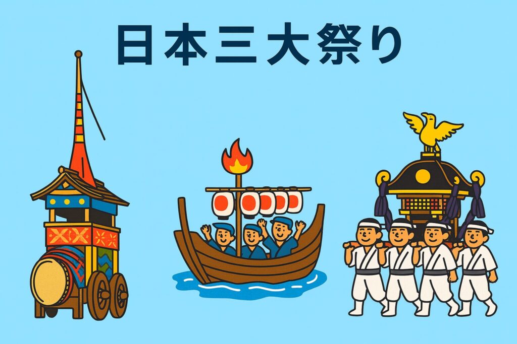 祇園祭の山鉾、天神祭の船渡御、神田祭の神輿を描いたイラスト。「日本三大祭り」を象徴している。