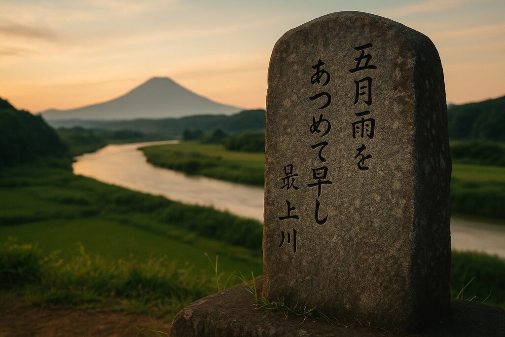 川沿いの夕景を背景に立つ句碑。「五月雨をあつめて早し最上川」と刻まれ、芭蕉の『奥の細道』を象徴する風景。