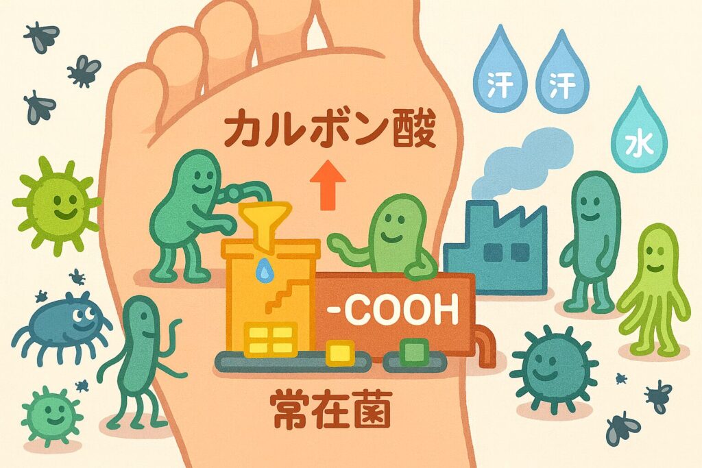 足裏を拡大したイラストに様々な色の細菌キャラクターが住んでいる様子。中央に「-COOH」と書かれた工場があり、細菌たちが汗や水分からカルボン酸を製造している。周囲に蚊が飛んでいる