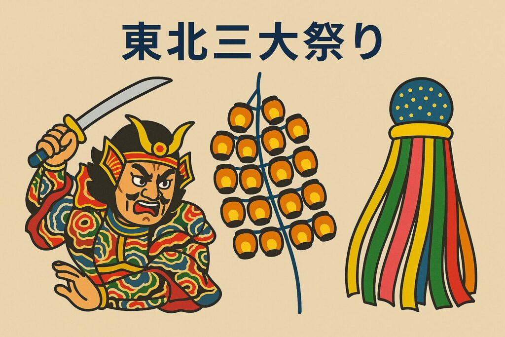 東北三大祭を象徴するイラスト。左に青森ねぶた祭の武者絵、中央に秋田竿燈まつりの提灯竿、右に仙台七夕まつりの七夕飾りが描かれている。