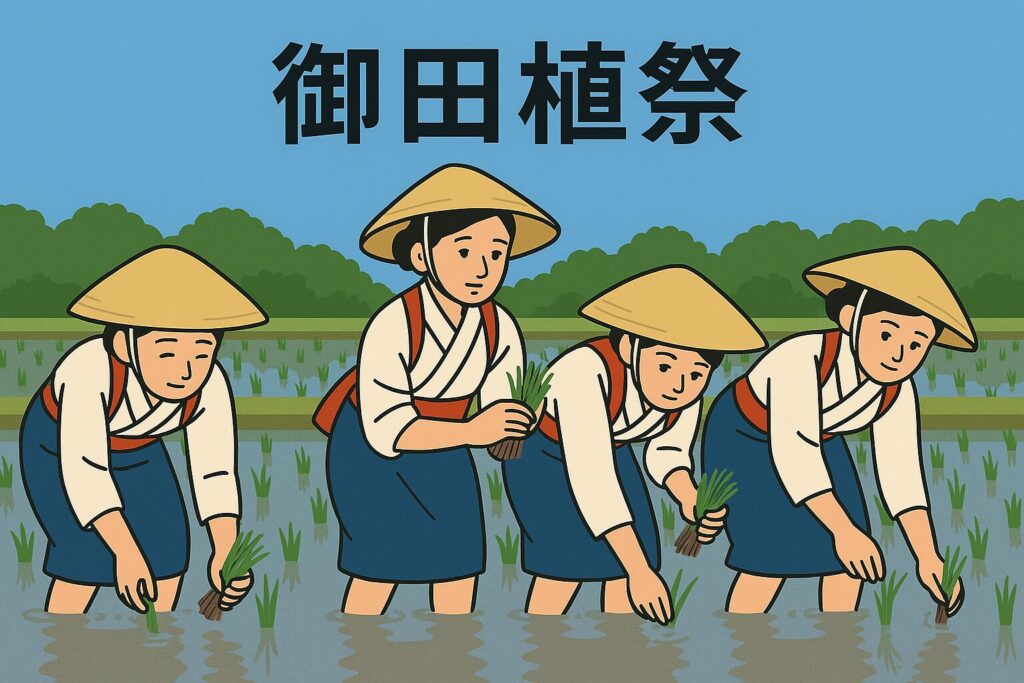 早乙女姿の女性たちが田んぼで苗を植えている御田植祭のイラスト。