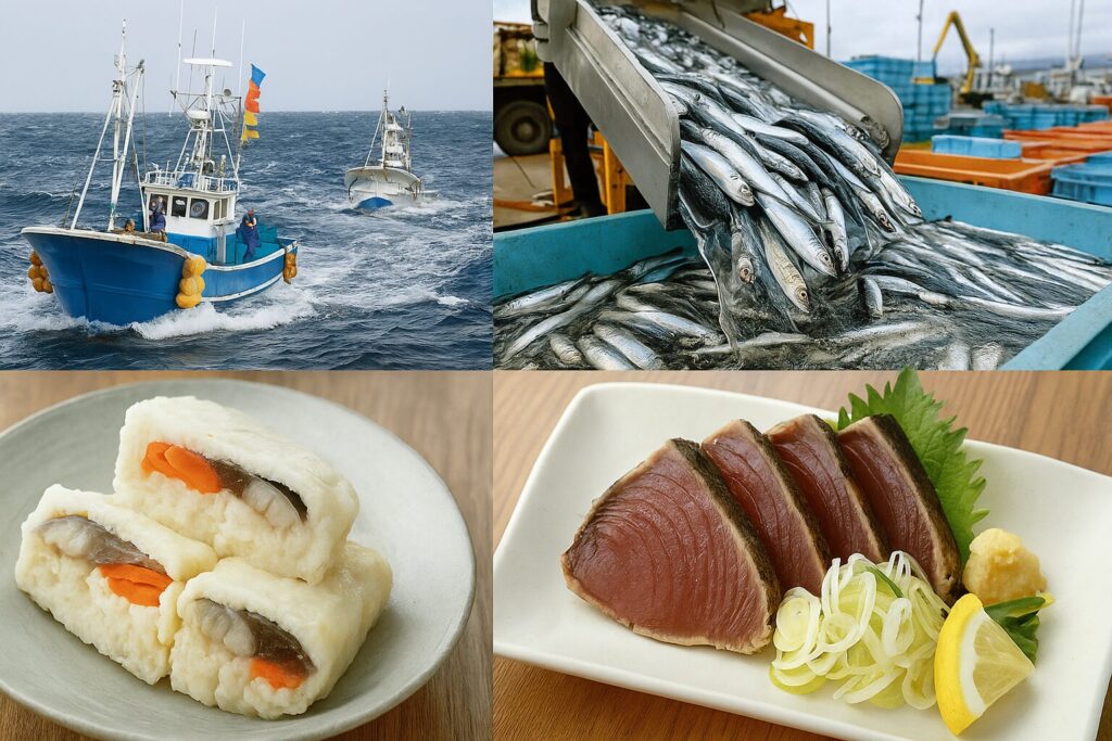 根室のサンマ漁船、銚子港でのイワシ水揚げ、石川県のかぶら寿司、静岡のカツオのたたき。海流とモンスーンが形づくった多様な食文化を象徴する。