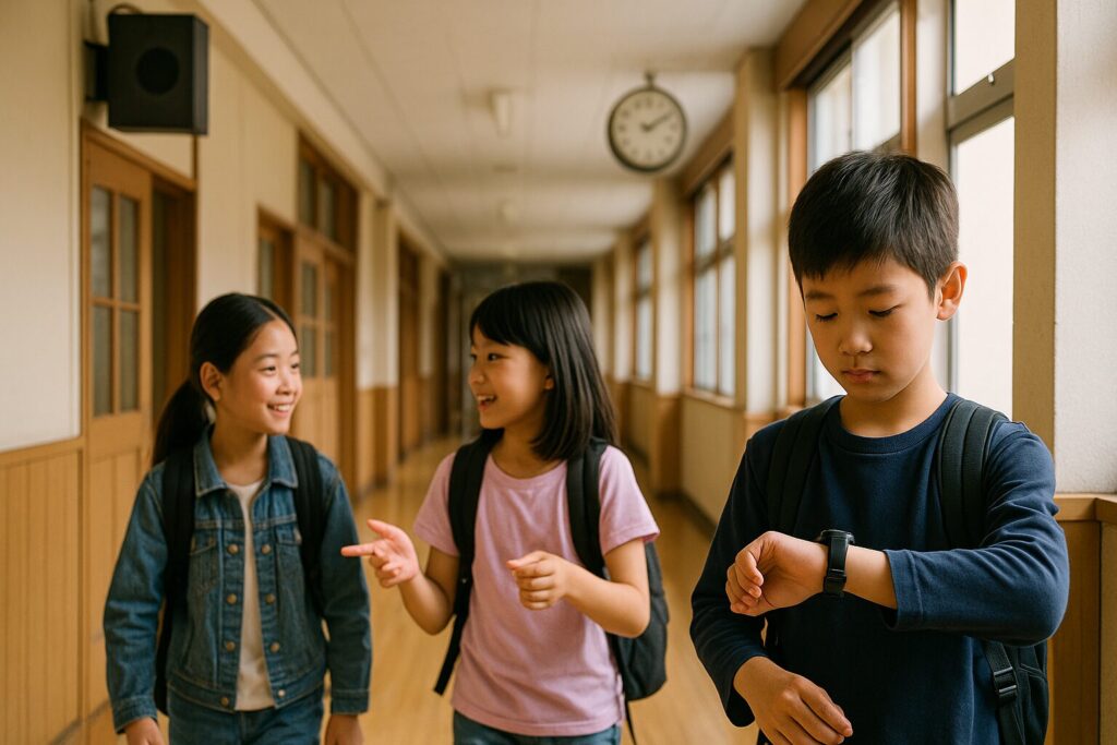 学校の廊下で腕時計を見る男の子と、談笑しながら歩く二人の女の子
