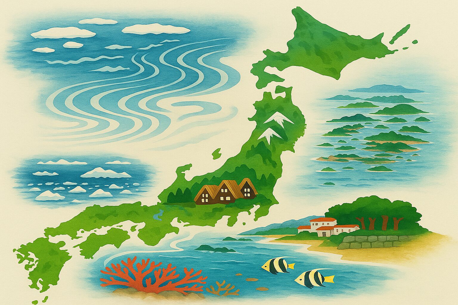 日本列島のイラストマップ。北の流氷、中央の山並みと合掌造り、南のサンゴ礁や魚が描かれ、多様な自然と暮らしを象徴している。