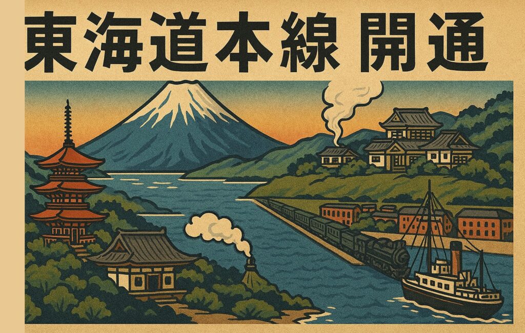 富士山と寺社、港町、蒸気機関車が描かれた「東海道本線開通」記念のレトロポスター風イラスト